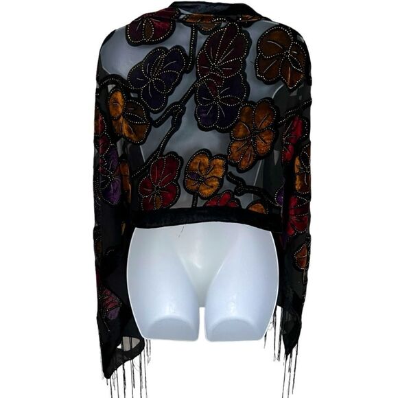 Black Velvet Scarf/Shawl Shoulder Cover Up Rectangle W/Fringe Floral Beaded - Picture 6 of 10
